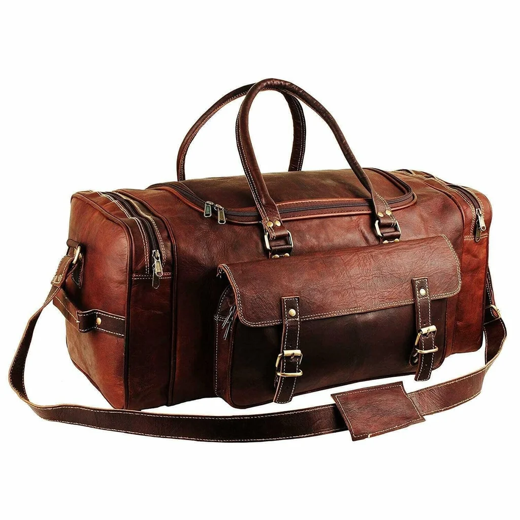 Leather vs canvas bags comparison featuring a leather travel bag