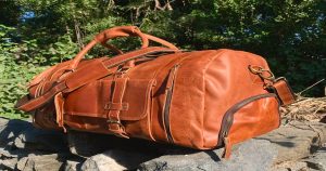 Tan leather weekender duffle bag — ZakaraBags leather travel bag with brass hardware