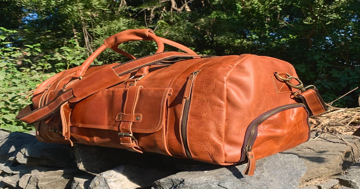 Tan leather weekender duffle bag — ZakaraBags leather travel bag with brass hardware