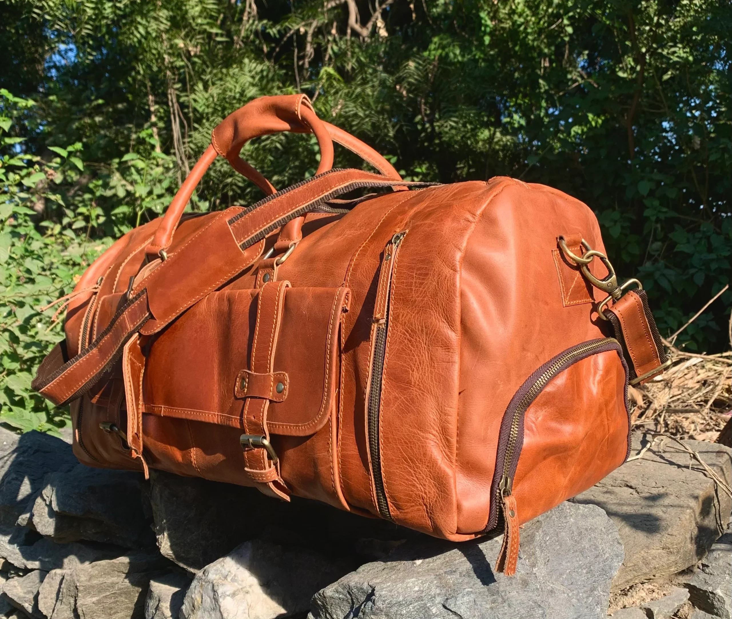 Tan leather weekender duffle bag — ZakaraBags leather travel bag with brass hardware