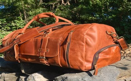 Tan leather weekender duffle bag — ZakaraBags leather travel bag with brass hardware