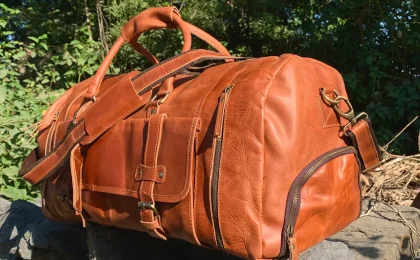Tan leather weekender duffle bag — ZakaraBags leather travel bag with brass hardware